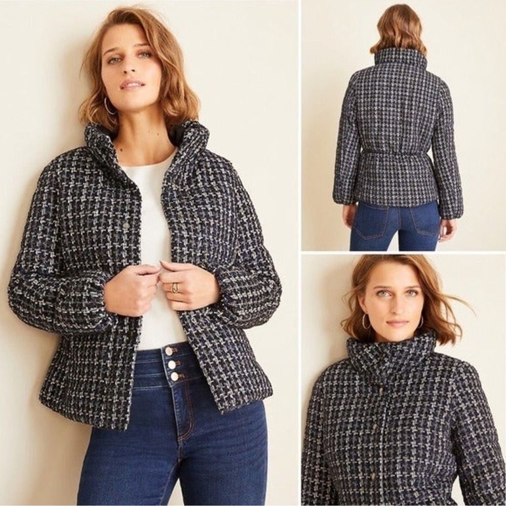 Ann Taylor Navy Silver and White Houndstooth Puffer Jacket Large Petite